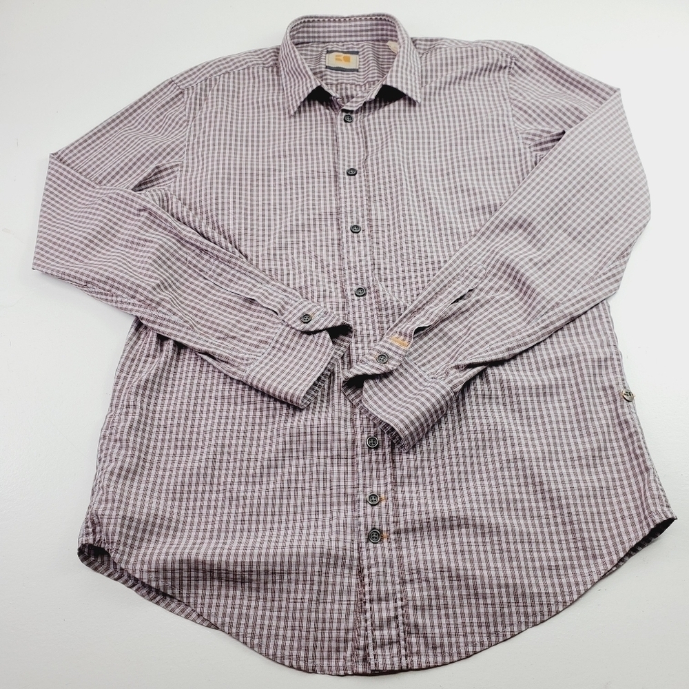 Hugo Boss Shirt Men Size‎ Large Brown Checkered Button Down Long Sleeves Plaid